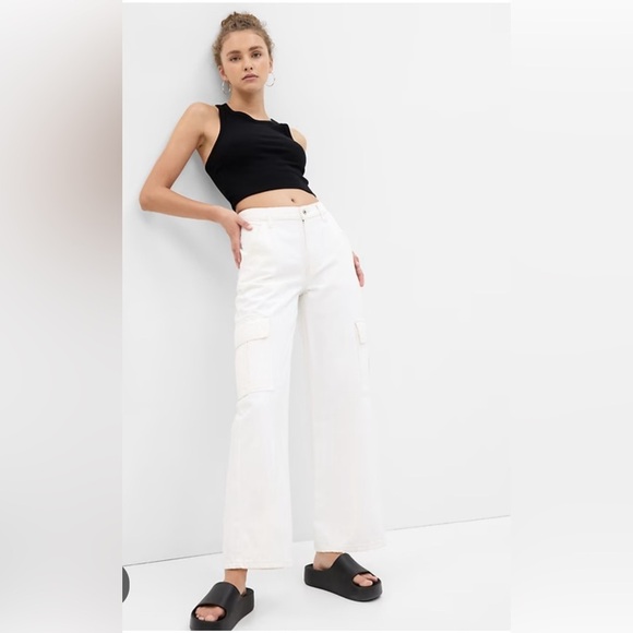 GAP Women's Ecru Wide Baggy Low Rise Cargo Jeans 100% Cotton Loose Size 31 - Picture 3 of 14